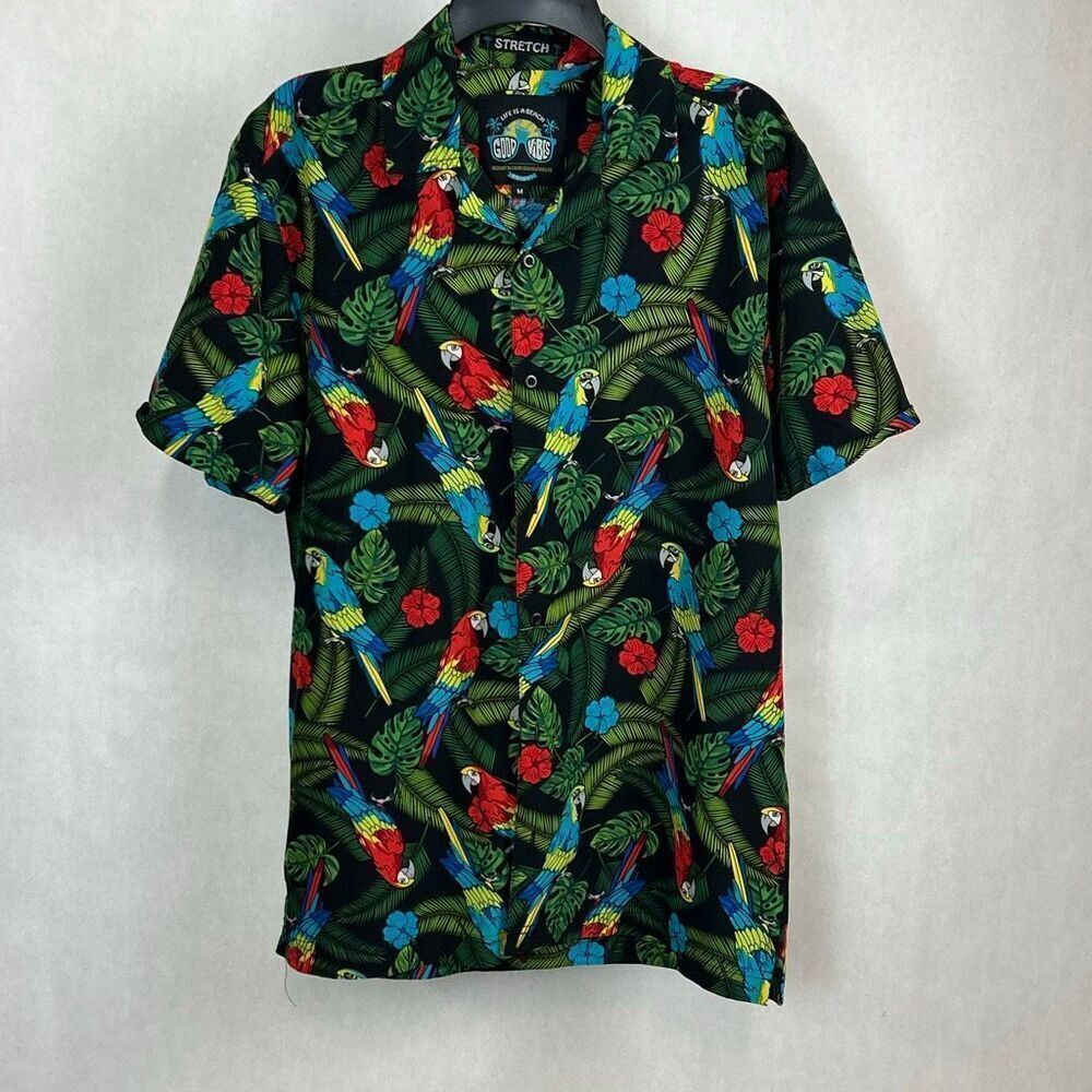 Good Vibes "Life is a Beach" Tropical Parrot Button Front Shirt Sz Medium Short
